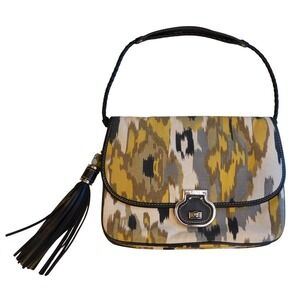 Rafe New York Yellow & Black Linen Blend Shoulder Bag W/Leather Trim & Tassels